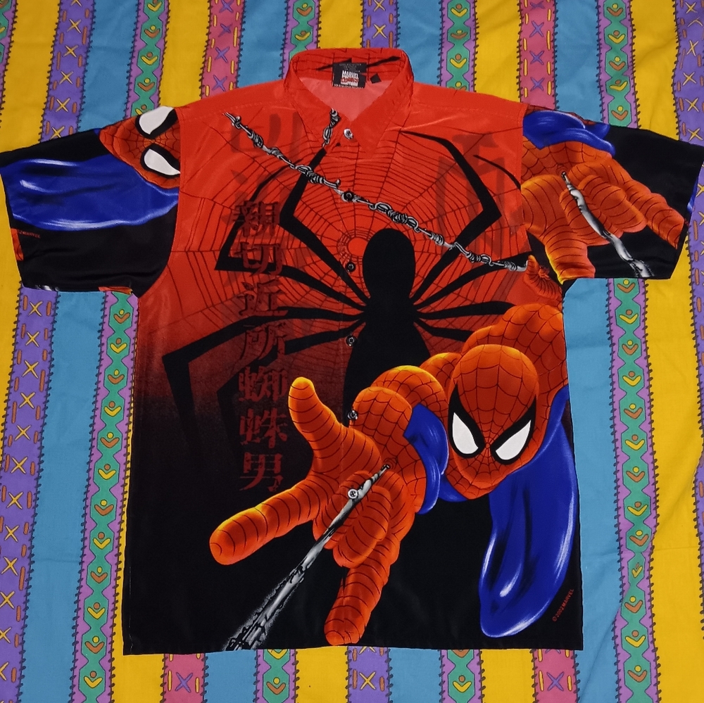 2002 Marvel Comics Spiderman Vintage Button Up All Over Print Shirt AOP